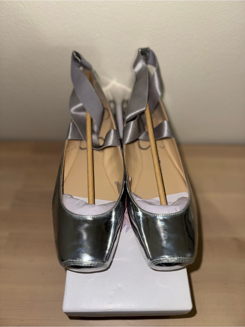 Jessica Simpson Metallic Silver Ballet Heels with Satin Ankle Tie